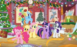 Size: 1171x720 | Tagged: safe, screencap, character:applejack, character:fluttershy, character:pinkie pie, character:rainbow dash, character:rarity, character:twilight sparkle, character:twilight sparkle (alicorn), species:alicorn, species:earth pony, species:pegasus, species:pony, episode:best gift ever, episode:the great escape room, g4, my little pony: friendship is magic, apple farm, barn, christmas, christmas ornament, christmas tree, cutie mark, decoration, eyeshadow, female, hearth's warming shorts, holiday, makeup, mane six, mare, present, snowman, tree