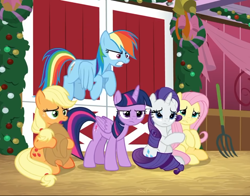 Size: 920x720 | Tagged: safe, screencap, character:applejack, character:fluttershy, character:rainbow dash, character:rarity, character:twilight sparkle, character:twilight sparkle (alicorn), species:alicorn, species:earth pony, species:pegasus, species:pony, episode:best gift ever, episode:the great escape room, g4, my little pony: friendship is magic, applefarm, applejack's hat, barn, clothing, cowboy hat, female, hat, hearth's warming shorts, mane five, mare, pitchfork, wreath