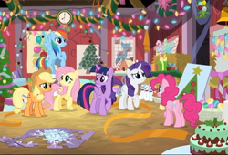 Size: 750x511 | Tagged: safe, screencap, character:applejack, character:fluttershy, character:pinkie pie, character:rainbow dash, character:rarity, character:twilight sparkle, character:twilight sparkle (alicorn), species:alicorn, species:earth pony, species:pegasus, species:pony, episode:best gift ever, episode:the great escape room, g4, my little pony: friendship is magic, cake, christmas decoration, cutie mark, female, food, jigsaw puzzle, mane six, mare, snow, snowflake, snowman