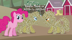 Size: 1280x720 | Tagged: safe, screencap, character:applejack, character:pinkie pie, character:rainbow dash, episode:castle mane-ia, g4, my little pony: friendship is magic, bee, competition, covered in bees, glare, josh haber, looking at each other, text, title card