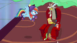 Size: 1280x720 | Tagged: safe, screencap, character:discord, character:rainbow dash, species:draconequus, species:pegasus, species:pony, episode:best gift ever, g4, my little pony: friendship is magic, armchair, clothing, duo, eating, female, flying, food, hat, male, mare, popcorn, raised eyebrow, scarf