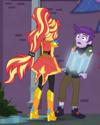 Size: 479x597 | Tagged: safe, screencap, character:sunset shimmer, episode:super squad goals, g4, my little pony:equestria girls, clothing, cropped, crystal games, female, jewelry thief (character), male, pants, ponied up, shoes, sneakers, tied up