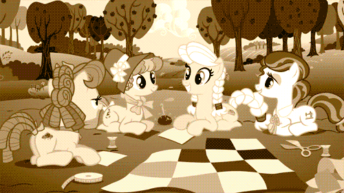 Size: 500x281 | Tagged: safe, screencap, character:apple rose, character:auntie applesauce, character:granny smith, character:sew 'n sow, species:earth pony, species:pony, episode:apple family reunion, g4, my little pony: friendship is magic, animated, female, flashback, mare, young granny smith, younger