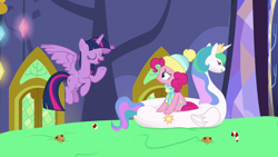 Size: 1280x720 | Tagged: safe, screencap, character:pinkie pie, character:princess celestia, character:twilight sparkle, character:twilight sparkle (alicorn), species:alicorn, species:earth pony, species:pony, episode:best gift ever, g4, my little pony: friendship is magic, female, food, inflatable, mare, pool toy, pudding, swanlestia