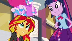 Size: 1920x1080 | Tagged: safe, screencap, character:pinkie pie, character:sunset shimmer, character:twilight sparkle, character:twilight sparkle (alicorn), species:alicorn, species:pony, equestria girls:rainbow rocks, g4, my little pony:equestria girls, :j, balloon, boots, bracelet, clothing, faec, high heel boots, jewelry, oh you, pleated skirt, shoes, skirt, smiling