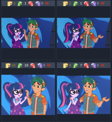 Size: 737x803 | Tagged: safe, screencap, character:timber spruce, character:twilight sparkle, character:twilight sparkle (scitwi), species:eqg human, derpibooru, episode:star crossed, g4, my little pony:equestria girls, backpack, clothing, comparison, female, geode of telekinesis, glasses, juxtaposition, magical geodes, male, meta, ponytail, vest