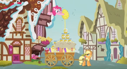 Size: 580x316 | Tagged: safe, screencap, character:applejack, character:pinkie pie, species:earth pony, species:pony, episode:apple family reunion, g4, my little pony: friendship is magic, bee, beehive, female, food, honey, mare