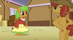 Size: 844x466 | Tagged: safe, screencap, character:dosie dough, character:half baked apple, species:pony, apple family member, bipedal, clothing, cute, dress, standing
