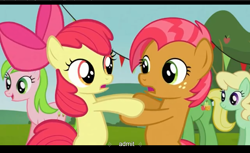 Size: 1680x1028 | Tagged: safe, screencap, character:apple bloom, character:apple honey, character:babs seed, character:red gala, character:wensley, species:pony, episode:apple family reunion, g4, my little pony: friendship is magic, bipedal, youtube caption