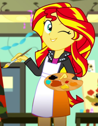 Size: 536x691 | Tagged: safe, screencap, character:sunset shimmer, episode:the art of friendship, eqg summertime shorts, g4, my little pony:equestria girls, cropped, one eye closed, solo, wink