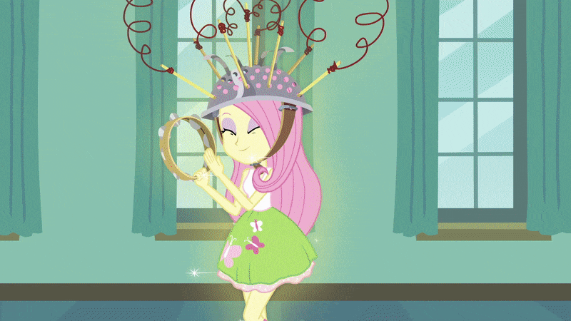 Size: 800x450 | Tagged: safe, screencap, character:fluttershy, character:sunset shimmer, episode:the science of magic, equestria girls:friendship games, g4, my little pony:equestria girls, animated, gif, musical instrument, ponied up, sunset the science gal, tambourine