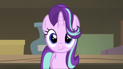 Size: 1280x720 | Tagged: safe, screencap, character:starlight glimmer, species:pony, species:unicorn, episode:uncommon bond, g4, my little pony: friendship is magic, :s, antique store, box, confused, cute, female, glimmerbetes, hair flip, hair over one eye, horn, mare, shelf, solo, vase, wavy mouth