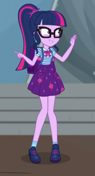 Size: 514x945 | Tagged: safe, screencap, character:twilight sparkle, character:twilight sparkle (scitwi), species:eqg human, episode:star crossed, g4, my little pony:equestria girls, backpack, clothing, female, geode of telekinesis, glasses, legs, magical geodes, ponytail, shoes, skirt, smiling, socks