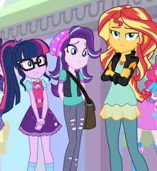 Size: 917x1002 | Tagged: safe, screencap, character:pinkie pie, character:rarity, character:starlight glimmer, character:sunset shimmer, character:twilight sparkle, character:twilight sparkle (scitwi), species:eqg human, equestria girls:mirror magic, g4, my little pony:equestria girls, bag, beanie, bow tie, clothing, cropped, crossed arms, eyeshadow, female, frown, geode of empathy, geode of telekinesis, glasses, hands behind back, hat, jewelry, kneesocks, lidded eyes, looking at you, magical geodes, magical trio, makeup, messenger bag, necklace, offscreen character, ponytail, ripped pants, satchel, skirt, socks, trio, trio female, unamused, wide eyes, worried