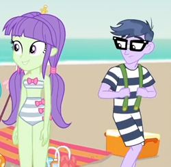 Size: 692x676 | Tagged: safe, screencap, character:microchips, character:starlight, episode:lost and found, g4, my little pony:equestria girls, background human, bandeau, beach, clothing, cooler, cropped, eyes on the prize, female, glasses, male, midriff, shipping, starchips, starlight, straight, suspenders, swimsuit, towel, umbrella