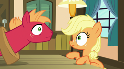 Size: 1280x720 | Tagged: safe, screencap, character:applejack, character:big mcintosh, species:earth pony, species:pony, episode:where the apple lies, g4, my little pony: friendship is magic, brother and sister, duo, female, hooves on the table, male, shocked expression, shrunken pupils, siblings, sweet apple acres, teenage applejack, teenage big macintosh, teenager, wrinkle, wrinkled eyes, younger