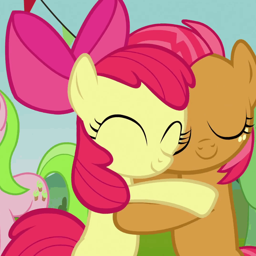 Size: 1080x1080 | Tagged: safe, screencap, character:apple bloom, character:babs seed, episode:apple family reunion, g4, my little pony: friendship is magic, adorababs, adorabloom, animated, cousins, cuddling, cute, hug