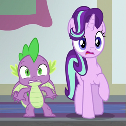 Size: 545x545 | Tagged: safe, screencap, character:spike, character:starlight glimmer, species:dragon, species:pony, species:unicorn, episode:a matter of principals, g4, my little pony: friendship is magic, cropped, raised hoof, surprised, winged spike