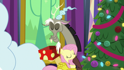 Size: 1280x720 | Tagged: safe, screencap, character:discord, character:fluttershy, species:draconequus, species:pegasus, species:pony, episode:best gift ever, g4, my little pony: friendship is magic, cute, discute, duo, hug, shyabetes