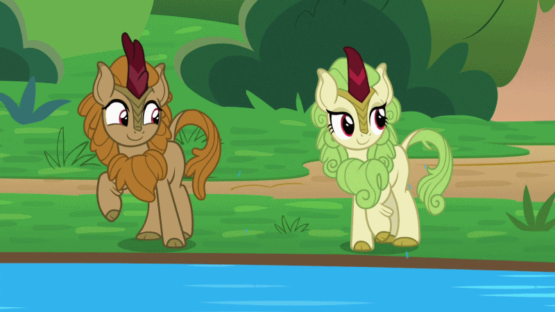Size: 800x450 | Tagged: safe, screencap, character:fern flare, character:spring glow, species:kirin, episode:sounds of silence, g4, my little pony: friendship is magic, animated, background kirin, c:, cute, dawwww, eyes closed, female, gif, happy, kirinbetes, laughing, looking back, open mouth, smiling, splashing, underhoof, water