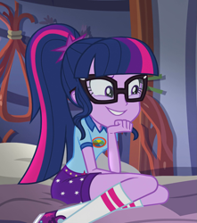 Size: 953x1079 | Tagged: safe, screencap, character:twilight sparkle, character:twilight sparkle (scitwi), species:eqg human, equestria girls:legend of everfree, g4, my little pony:equestria girls, bed, camp everfree outfits, converse, cropped, glasses, legend of everfree - bloopers, ponytail, shoes, smiling, sneakers