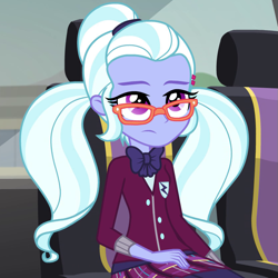 Size: 837x838 | Tagged: safe, screencap, character:sugarcoat, equestria girls:friendship games, g4, my little pony:equestria girls, bow tie, clothing, cropped, crystal prep academy uniform, glasses, school uniform, seat, solo