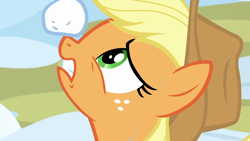 Size: 1280x720 | Tagged: safe, screencap, character:applejack, species:earth pony, species:pony, episode:triple pony dare ya, close-up, female, freckles, mare, solo