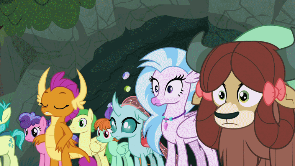 Size: 1000x563 | Tagged: safe, screencap, character:gallus, character:ocellus, character:peppermint goldylinks, character:sandbar, character:silverstream, character:smolder, character:twilight sparkle, character:twilight sparkle (alicorn), character:yona, species:alicorn, species:changedling, species:changeling, species:classical hippogriff, species:dragon, species:earth pony, species:griffon, species:hippogriff, species:pony, species:reformed changeling, species:yak, episode:the end in friend, g4, my little pony: friendship is magic, animated, bow, cloven hooves, colored hooves, dragoness, facehoof, female, friendship student, gif, hair bow, jewelry, male, monkey swings, mouth hold, necklace, pencil, reaction image, student six, surprised, teenager, writing