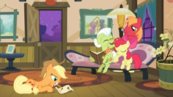 Size: 608x340 | Tagged: safe, screencap, character:apple bloom, character:applejack, character:big mcintosh, character:granny smith, species:earth pony, species:pony, episode:apple family reunion, g4, my little pony: friendship is magic, letter, male, stallion