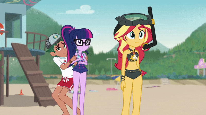 Size: 800x450 | Tagged: safe, screencap, character:sunset shimmer, character:timber spruce, character:twilight sparkle, character:twilight sparkle (scitwi), species:eqg human, episode:unsolved selfie mysteries, g4, my little pony:equestria girls, animated, belly button, bikini, clothing, embarrassed, frown, geode of empathy, geode of telekinesis, gif, legs, lifeguard timber, looking at each other, looking away, magical geodes, midriff, scared, sleeveless, swimsuit, unamused