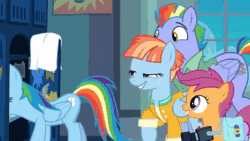 Size: 1280x720 | Tagged: safe, screencap, character:bow hothoof, character:rainbow dash, character:scootaloo, character:windy whistles, species:pegasus, species:pony, episode:parental glideance, g4, my little pony: friendship is magic, angry, animated, beard, clang, clothing, excited, facial hair, family, father and child, father and daughter, female, filly, foal, freckles, grin, gritted teeth, husband and wife, locker room, male, mohawk, mother and child, mother and daughter, multicolored hair, ouch, rainbow dash is not amused, rainbow dash's parents, shirt, smiling, sound, stallion, that's gotta hurt, unamused, webm