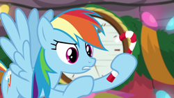 Size: 1280x720 | Tagged: safe, screencap, character:rainbow dash, episode:the great escape room, candy, candy cane, food