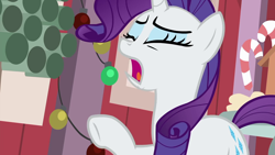 Size: 1280x720 | Tagged: safe, screencap, character:rarity, species:pony, species:unicorn, episode:the great escape room, eyes closed, female, mare, open mouth, raised hoof, solo, underhoof