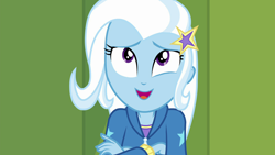 Size: 1920x1080 | Tagged: safe, screencap, character:trixie, equestria girls:forgotten friendship, g4, my little pony:equestria girls, barrette, canterlot high, clothing, cute, diatrixes, hallway, hoodie, lockers, smiling