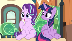 Size: 1280x720 | Tagged: safe, screencap, character:starlight glimmer, character:twilight sparkle, character:twilight sparkle (alicorn), species:alicorn, species:pony, species:unicorn, episode:the times they are a changeling, g4, my little pony: friendship is magic, cute, faec, female, glimmerbetes, mare, off model, open mouth, sitting, train