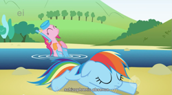 Size: 853x472 | Tagged: safe, screencap, character:pinkie pie, character:rainbow dash, species:earth pony, species:pegasus, species:pony, episode:griffon the brush-off, duo, duo female, female, mare, schizophrenia, snorkel, water, wet mane, youtube caption