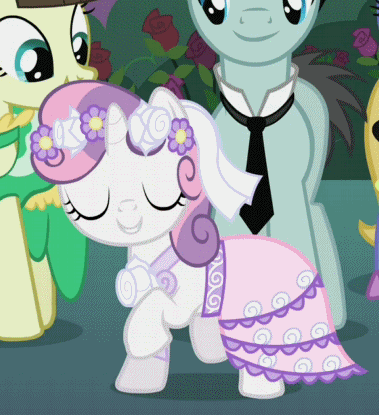 Size: 379x415 | Tagged: safe, screencap, character:bruce mane, character:cloud kicker, character:fine line, character:sweetie belle, species:pony, species:unicorn, episode:a canterlot wedding, g4, my little pony: friendship is magic, animated, clothing, cute, dancing, diasweetes, female, filly, flower girl, gif, male, mare, stallion
