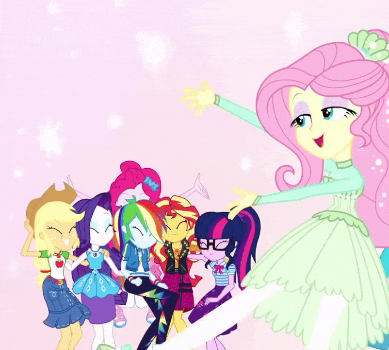 Size: 802x720 | Tagged: safe, screencap, character:applejack, character:fluttershy, character:pinkie pie, character:rainbow dash, character:rarity, character:sunset shimmer, character:twilight sparkle, character:twilight sparkle (scitwi), species:eqg human, episode:so much more to me, g4, my little pony:equestria girls, animated, clothing, converse, cropped, female, geode of empathy, geode of shielding, geode of super speed, geode of super strength, geode of telekinesis, gif, humane five, humane seven, humane six, jumping, magical geodes, shoes