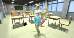 Size: 1920x986 | Tagged: safe, artist:bangayo, screencap, character:fluttershy, species:anthro, 3d, classroom, clothing, female, school uniform, solo, video in description