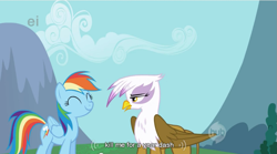 Size: 851x474 | Tagged: safe, screencap, character:gilda, character:rainbow dash, species:griffon, species:pegasus, species:pony, episode:griffon the brush-off, duo, duo female, female, hub logo, kill me, mare, smiling, youtube caption