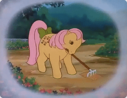 Size: 437x338 | Tagged: safe, screencap, character:posey, episode:the glass princess, g1, my little pony 'n friends, animated, bow, cute, garden, gif, mouth hold, rake, solo, tail bow