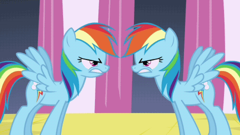 Size: 480x270 | Tagged: safe, screencap, character:rainbow dash, species:changeling, species:pegasus, species:pony, episode:a canterlot wedding, g4, my little pony: friendship is magic, animated, disguise, disguised changeling, duality, duo, female, gif, mare