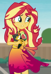 Size: 611x880 | Tagged: safe, screencap, character:sunset shimmer, episode:x marks the spot, g4, my little pony:equestria girls, clothing, cropped, food, sleeveless, solo, sushi, swimsuit