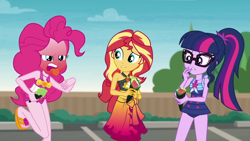 Size: 1920x1080 | Tagged: safe, screencap, character:pinkie pie, character:sunset shimmer, character:twilight sparkle, character:twilight sparkle (scitwi), species:eqg human, episode:x marks the spot, g4, my little pony:equestria girls, clothing, feet, female, flip-flops, food, geode of empathy, geode of sugar bombs, geode of telekinesis, magical geodes, pain, roe, sandals, sarong, sleeveless, sushi, sushi cone, swimsuit, trio, trio female, wasabi