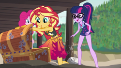 Size: 1920x1080 | Tagged: safe, screencap, character:pinkie pie, character:sunset shimmer, character:twilight sparkle, character:twilight sparkle (scitwi), species:eqg human, episode:x marks the spot, g4, my little pony:equestria girls, clothing, female, geode of empathy, geode of telekinesis, magical geodes, sleeveless, swimsuit, treasure chest, trio, trio female