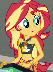 Size: 806x1078 | Tagged: safe, screencap, character:sunset shimmer, episode:x marks the spot, g4, my little pony:equestria girls, belly button, clothing, cropped, geode of empathy, magical geodes, midriff, sleeveless, solo, swimsuit