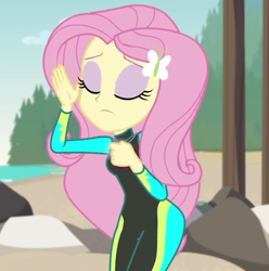 Size: 906x914 | Tagged: safe, screencap, character:fluttershy, episode:unsolved selfie mysteries, g4, my little pony:equestria girls, adorasexy, beach, clothing, curvy, cute, eyes closed, female, hips, ocean, sexy, shyabetes, solo, swimsuit, wetsuit