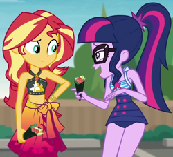Size: 1056x962 | Tagged: safe, screencap, character:sunset shimmer, character:twilight sparkle, character:twilight sparkle (scitwi), species:eqg human, episode:x marks the spot, g4, my little pony:equestria girls, belly button, clothing, cute, duo, duo female, female, food, geode of empathy, magical geodes, midriff, one-piece swimsuit, shimmerbetes, sleeveless, sushi, swimsuit, twiabetes