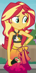 Size: 465x920 | Tagged: safe, screencap, character:sunset shimmer, episode:x marks the spot, g4, my little pony:equestria girls, belly button, clothing, cropped, food, geode of empathy, magical geodes, midriff, raised eyebrow, sleeveless, solo, sushi, swimsuit