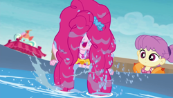 Size: 1920x1080 | Tagged: safe, screencap, character:pinkie pie, episode:x marks the spot, g4, my little pony:equestria girls, child, clothing, female, geode of sugar bombs, happy, magical geodes, open mouth, smiling, swimsuit, toddler, water, water lily (equestria girls), wet hair